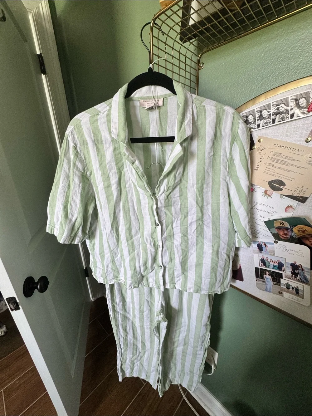 Sage Green Stripe Matching Set Medium 100% Cotton Resort Wear